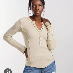 We The Free Beige Long Sleeve Henley Top